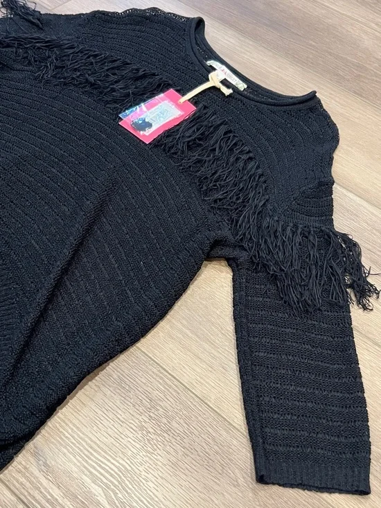 NWT Chelsea & Violet Black Fringe See-Through Knit Top Hi-Low Relaxed Fit - Picture 11 of 13